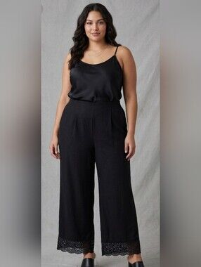 Cato 26/28W Plus Size Black Lace Hem Women's Wide Leg Pants